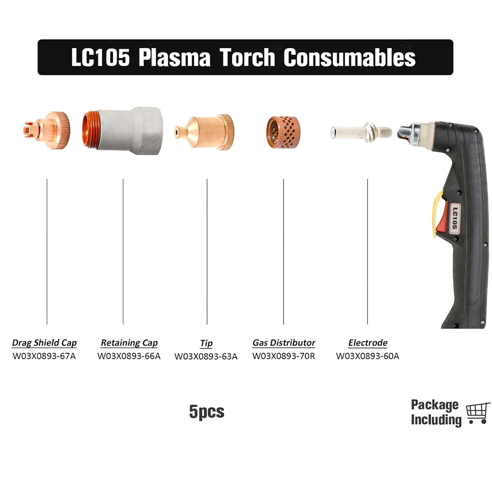 

Reliable Plasma Cutting Torch Accessories Spare Parts 15mm 80A for Lin coln LC105 Tomahawk 1538 W03X0893 63A (Set of 5)