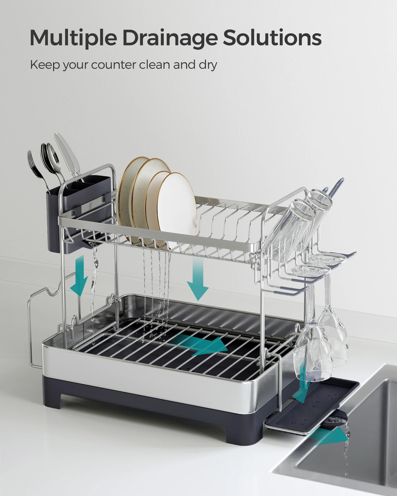 SONGMICS Dish Drying Rack - 2 Tier Dish Rack for Kitchen Counter with Rotatable and Extendable Drain Spout 4