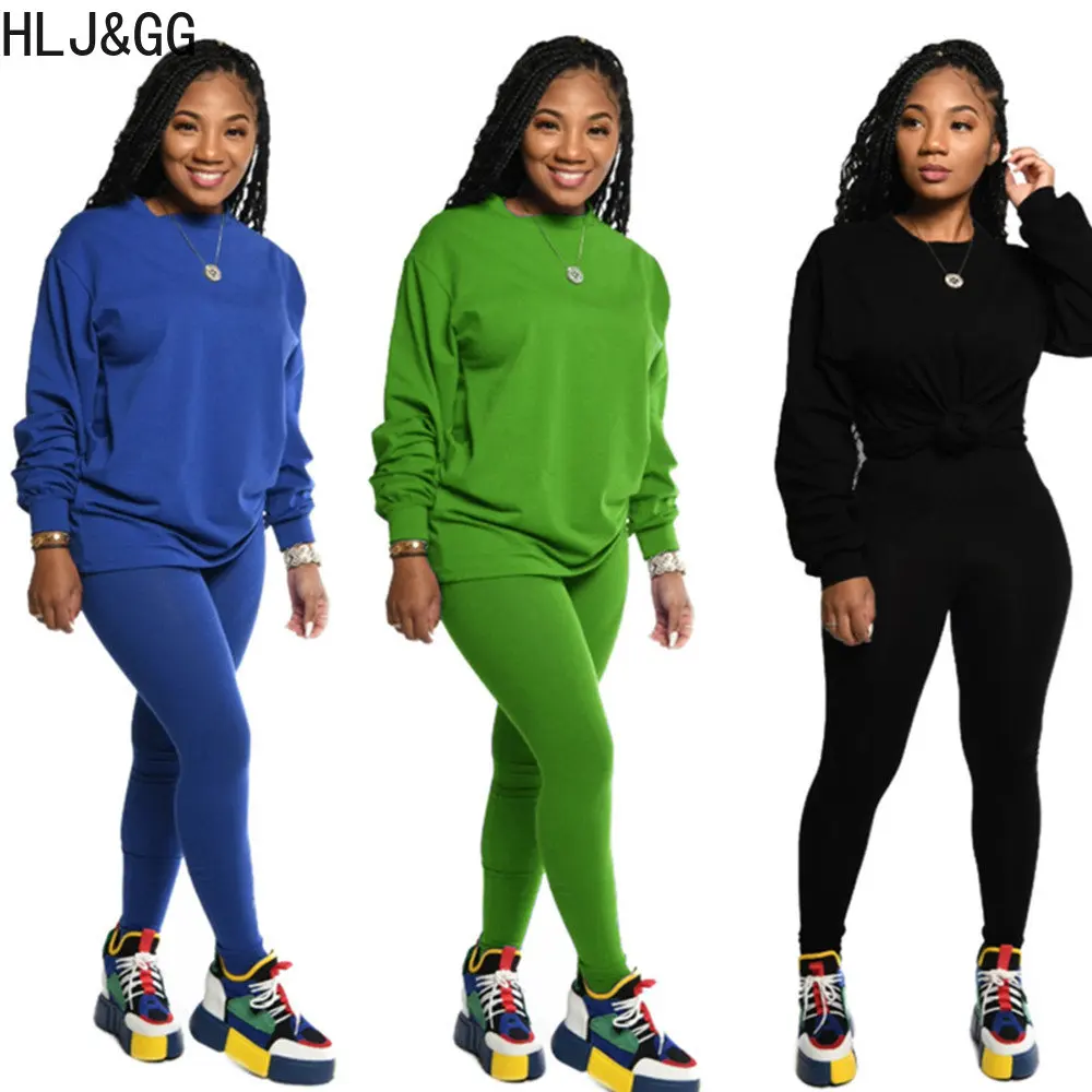 HLJ&GG Casual Solid Color Sport Two Piece Sets Women Round Neck Long Sleeve Top And Legging Pants Tracksuits Female 2pcs Outfits basketball hoop net 2pcs useful high strength easy to install weather resistant standard basketball net sport goods