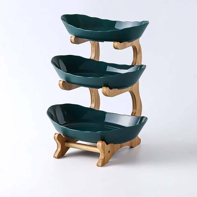 Three-Tier Wooden Tabletop Fruit and Snack Stand with Partitioned Plates