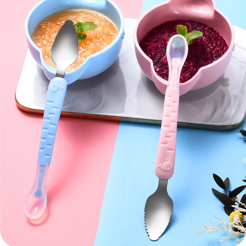 Baby Double Head Silicone Stainless Steel Children Utensil Toddler Infant Food Eating Fruit Scraping Mud Spoon Feeding Tableware baby cutlery