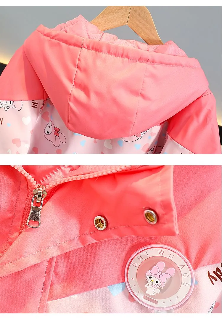 New Fashion Autumn Girl Cute Printed Jacket Toddler with Hooded Winter Warm Windproof Pink Coat Casual Clothing 3 to 8 year