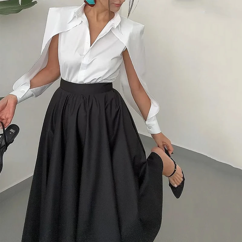 Wefads Autumn Winter Two Piece Set Elegant Solid Long Sleeve Hollow Out Laple Shirt Top Loose Black Dress Sets Women Clothing 2
