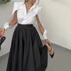 Wefads Autumn Winter Two Piece Set Elegant Solid Long Sleeve Hollow Out Laple Shirt Top Loose Black Dress Sets Women Clothing 2