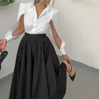 Wefads Autumn Winter Two Piece Set Elegant Solid Long Sleeve Hollow Out Laple Shirt Top Loose Black Dress Sets Women Clothing 2