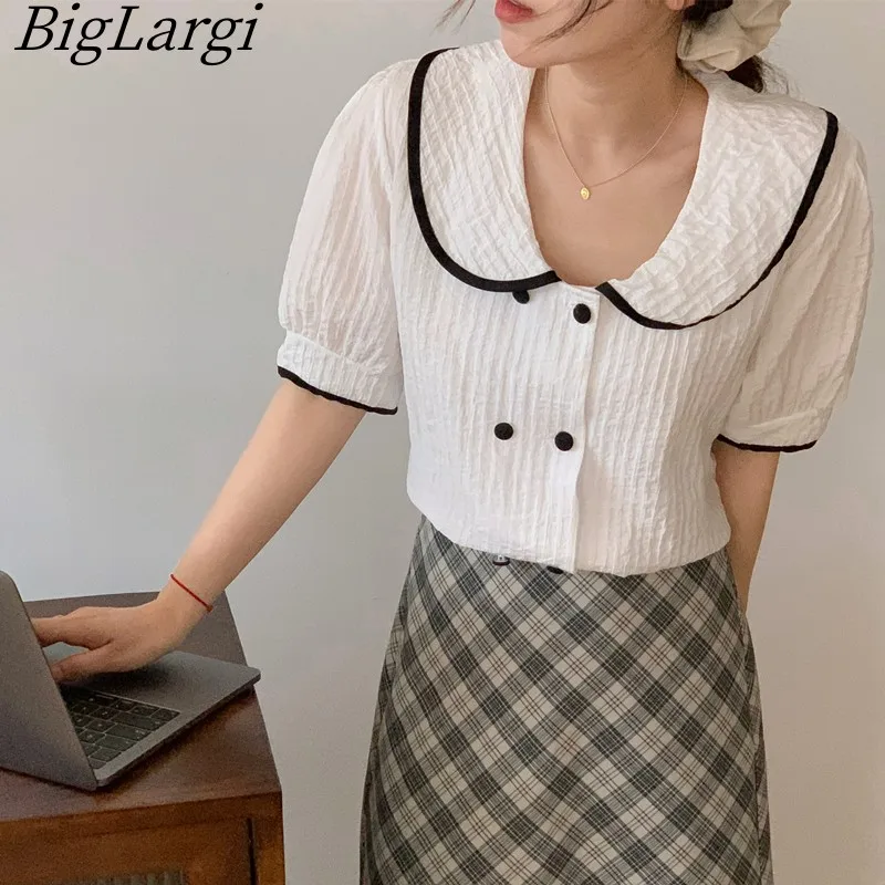 

Summer Vintage Cotton Striped Shirt Women Korean Sweet Fashion Ladies Tops Office Woman Blouse 2023 New