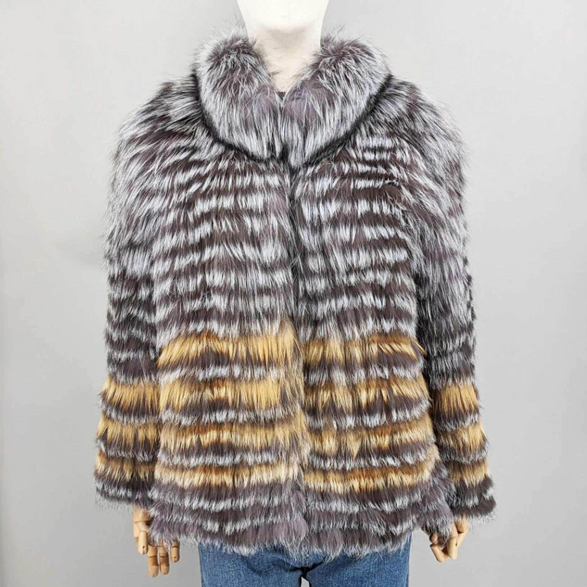 Lady Striped Real Silver Fox Fur Coat Short Jacket Spring Autumn Luxury Elegant Big Size Clothes Luxurious With Fur Collar 2107