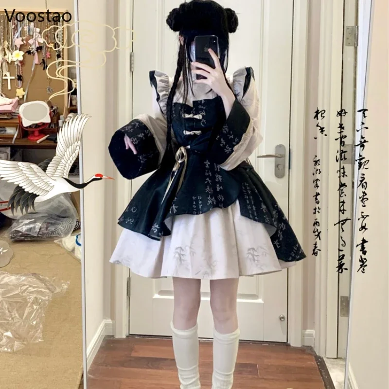 Chinese Style Vintage Lolita Princess Dress Women Elegant Gothic Bamboo Leaf Print Cheongsam Mini Dresses Sweet Y2k Vestidos