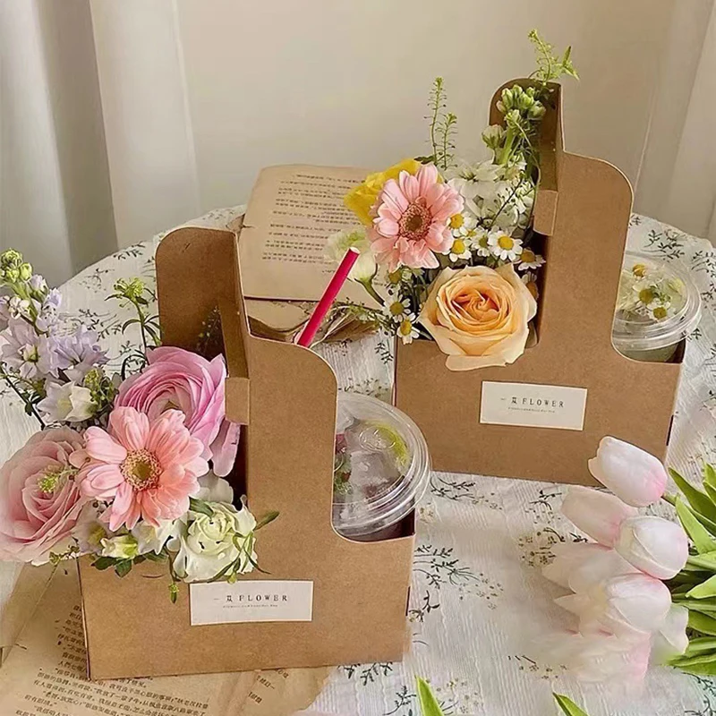 10 stücke tragbare Blume Geschenk Tasche Kraft papier halter Kaffee Blume Kuchen Dessert Verpackung Box Foto bevorzugen Getränke träger mit Griff – Detail 9