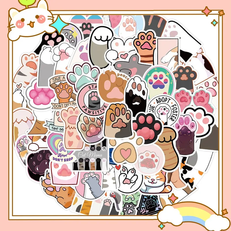 

50 Sheet/set Cartoon Cat Paw Sticker Kawaii Anime Cat Paw Stationery Sticker DIY Decorative Scrapbook Luggage Sticker Student