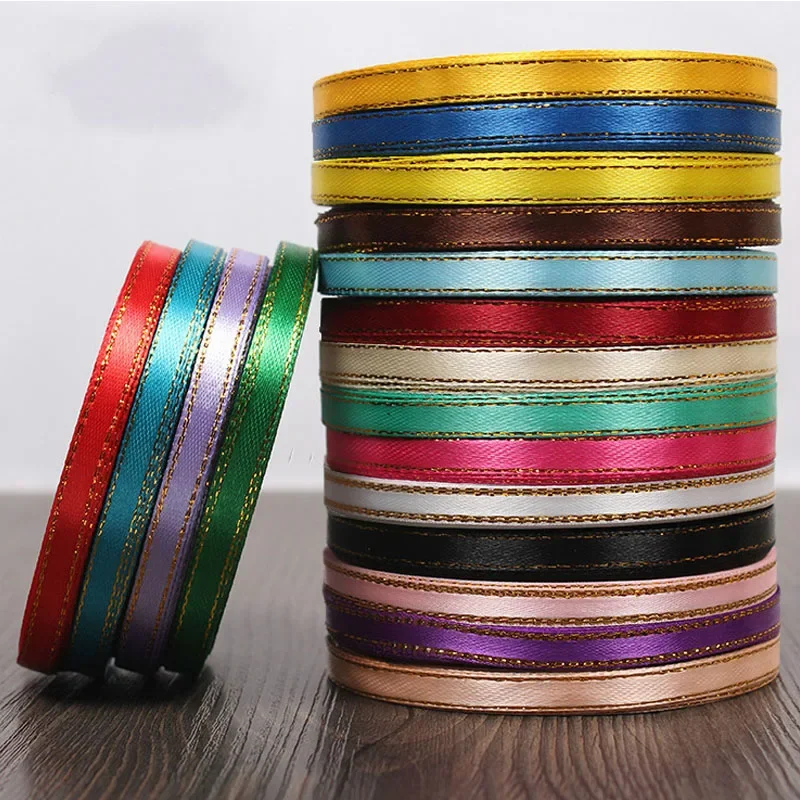 25-Yard Roll of 6mm Gold-Edged Satin Ribbon for Gift Wrapping and Decorative Crafts