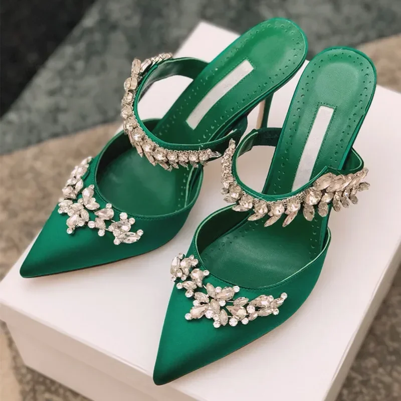 2024 Spring and Autumn European and American Women's Shallow Moule High Heels Slim Heel Satin Rhinestone Pointed Sandals