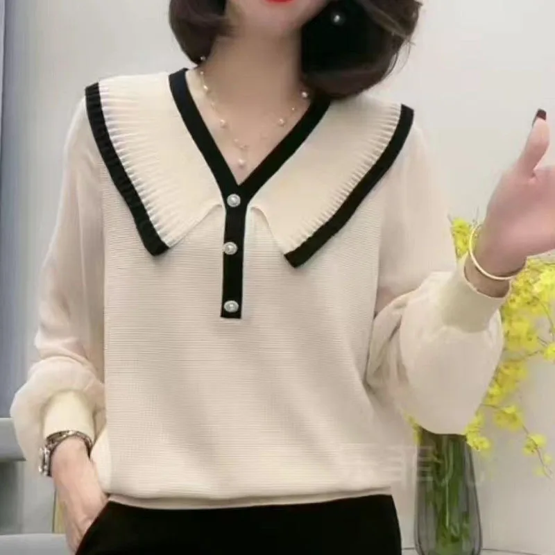 

Pleated Navy Neckline Lantern Sleeve Ruffled Patchwork Pullovers Mori Girl Style Loose Flower Shaped Button Sweaters Plus Size