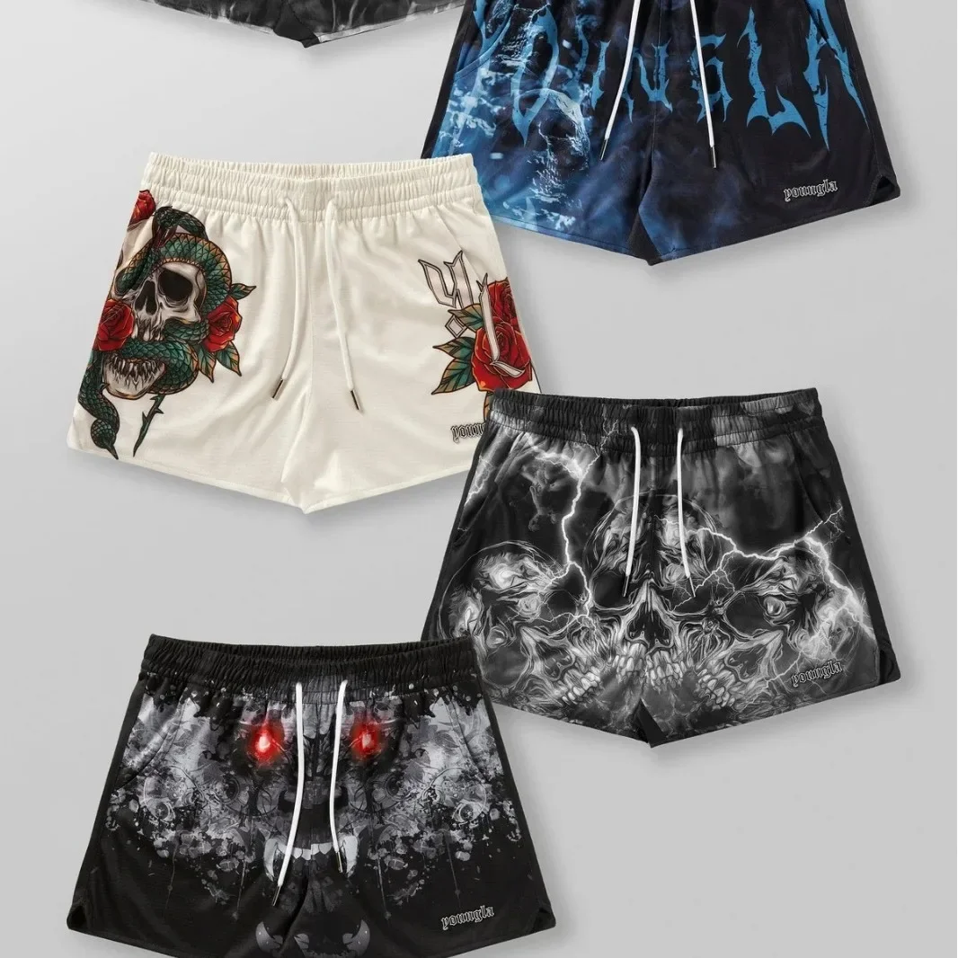 Men's American Style Sports Shorts Quick Dry Breathable Running Beach Fitness Four-Quarter Shorts Skeleton Head Design