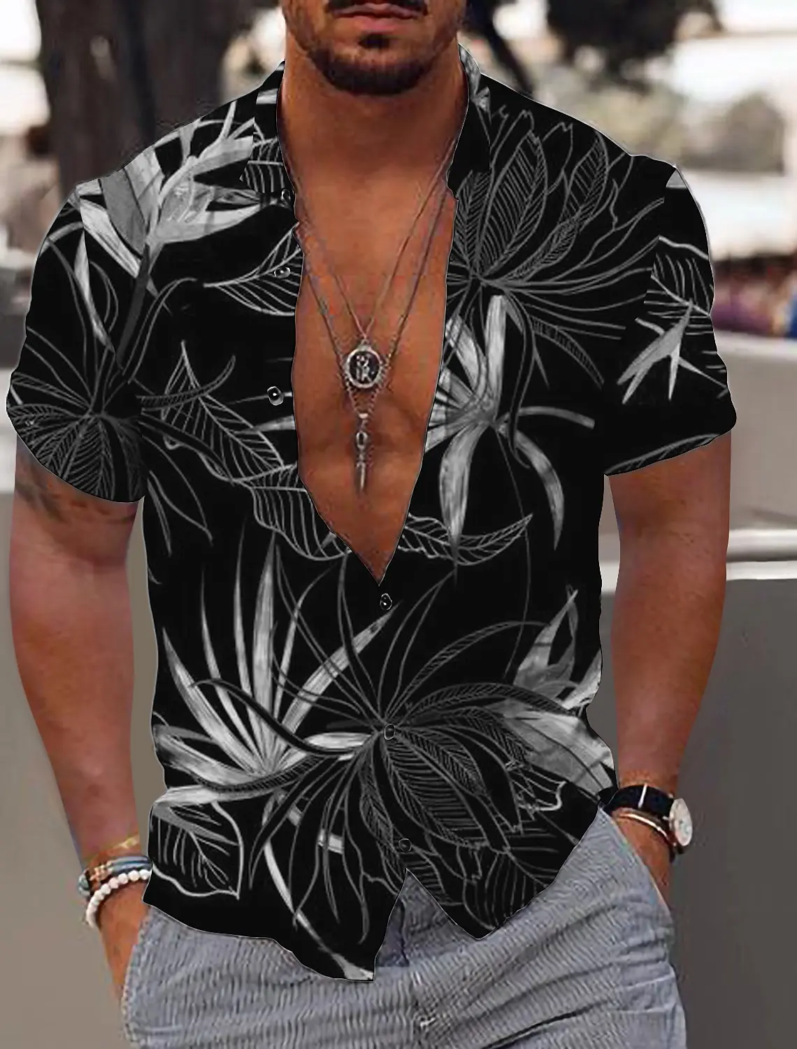 thumbnail image 1 of Camisa para hombre Camisa gráfica Camisa hawaiana Camisa con estampado de hojas hacia abajo Manga corta Abotonada Ropa Diseñador de moda Casual Transpirable, 1 of 4