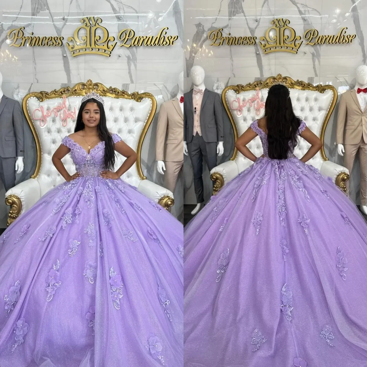 Quinceanera Dresses Crystal 3D Flower Lace Vestidos De 15 Anos Birthday Party Prom Gown