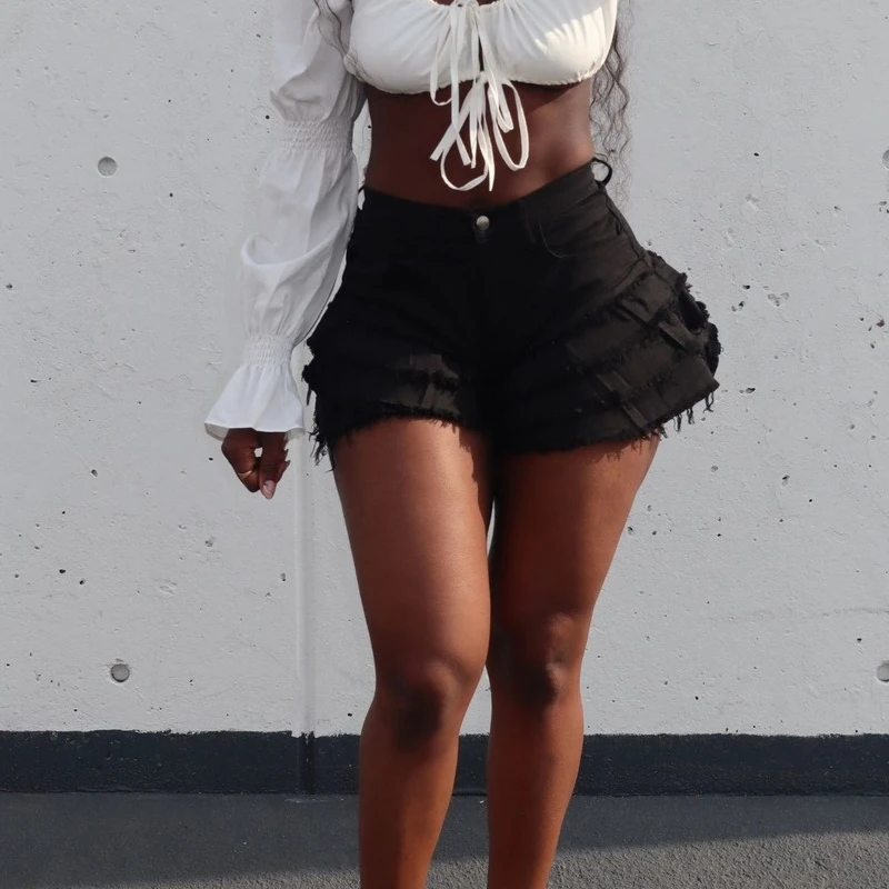 Women's Vintage High Waist Button Layered Ruffles Shorts 2024 Bottoms Solid Summer Ripped Denim Shorts Casual Lady Flared Pop