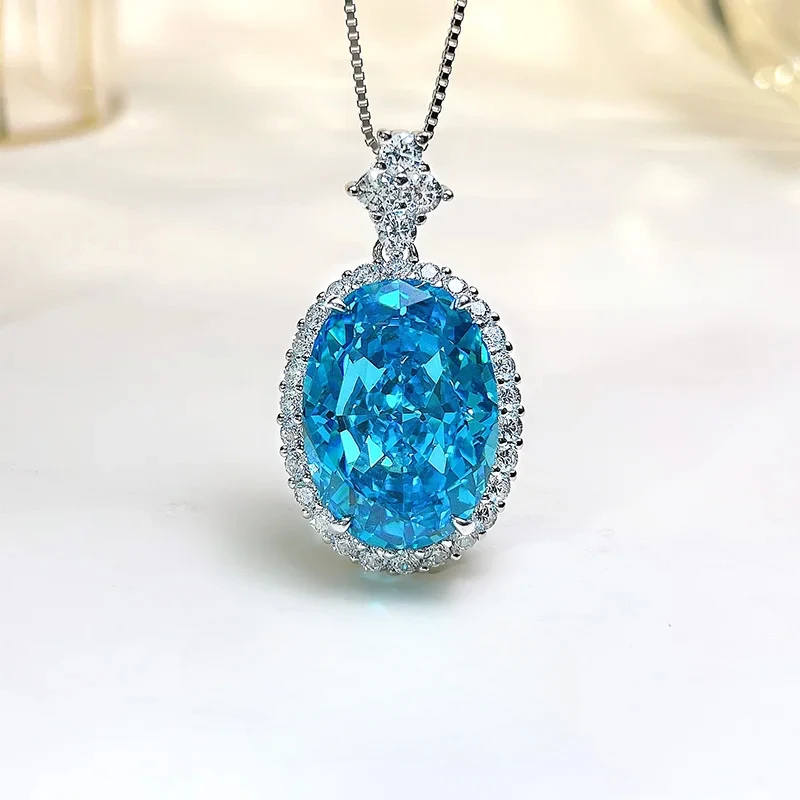 

Sea Blue Treasure Pendant Necklace Topaz High Carbon Diamond Temperament 925 Sterling Silver Wedding