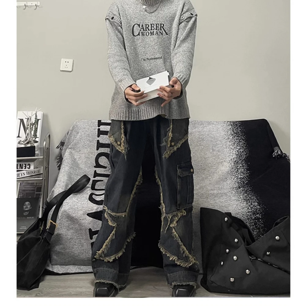 Harajuku Casual Stars Embroidery Patchwork Jeans for Men and Women Straight Baggy Flare Pants men Oversized Denim Trousers y2k