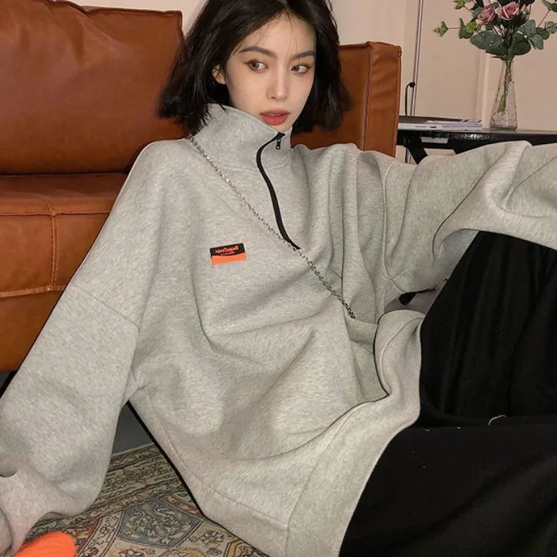 

Harajuku Vintage Gray Sweatshirts Women Korean Fashion HIp Hop Streetwear Oversize Pullover Hoodie Female Autumn Tops