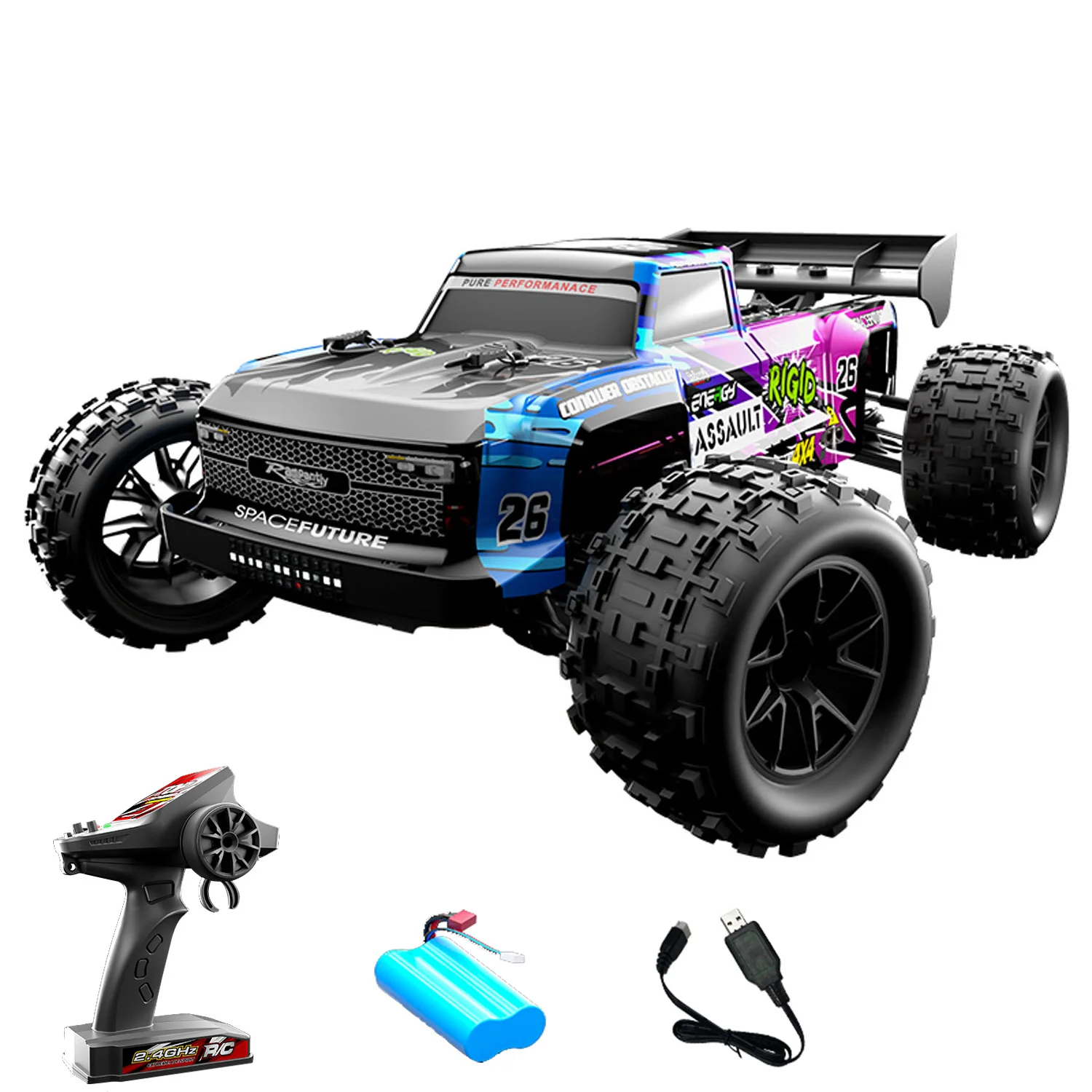 Voiture RC JJRC C8803 1/12 en saut, roues en l'air, démontrant sa capacité tout-terrain