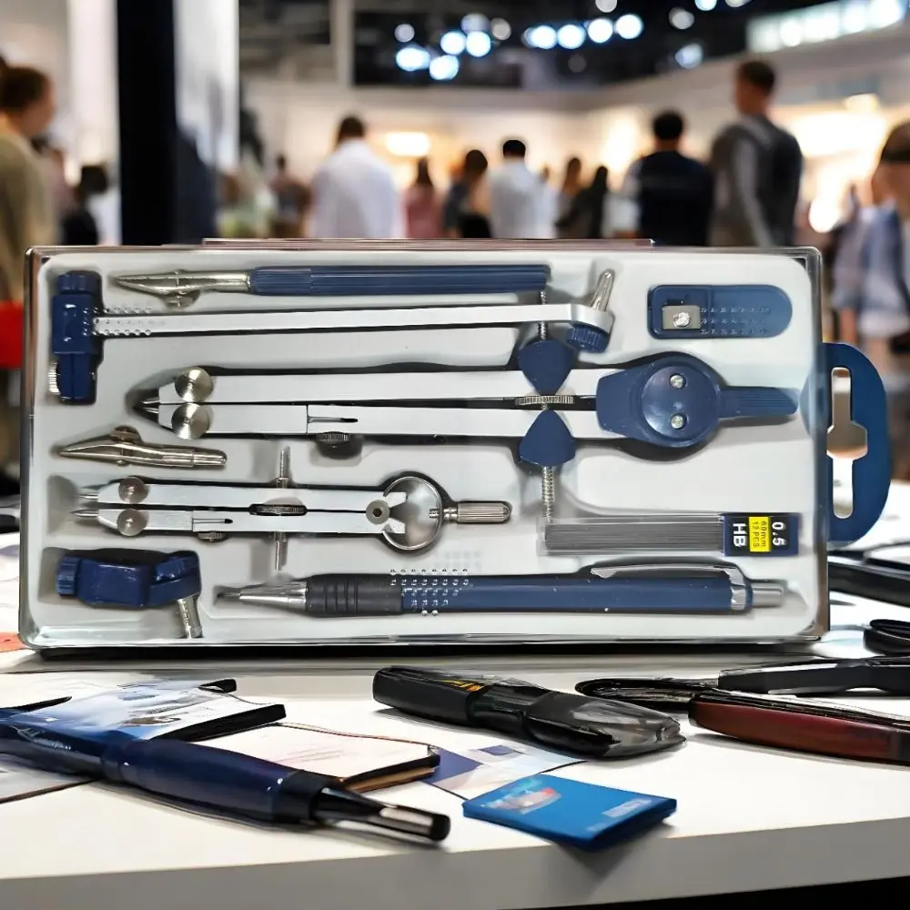 7개/팩 투명 커버 드로잉 컴퍼스 키트 기계식 연필 측정자 드로잉 도구 세트 스테인리스 스틸 플라스틱