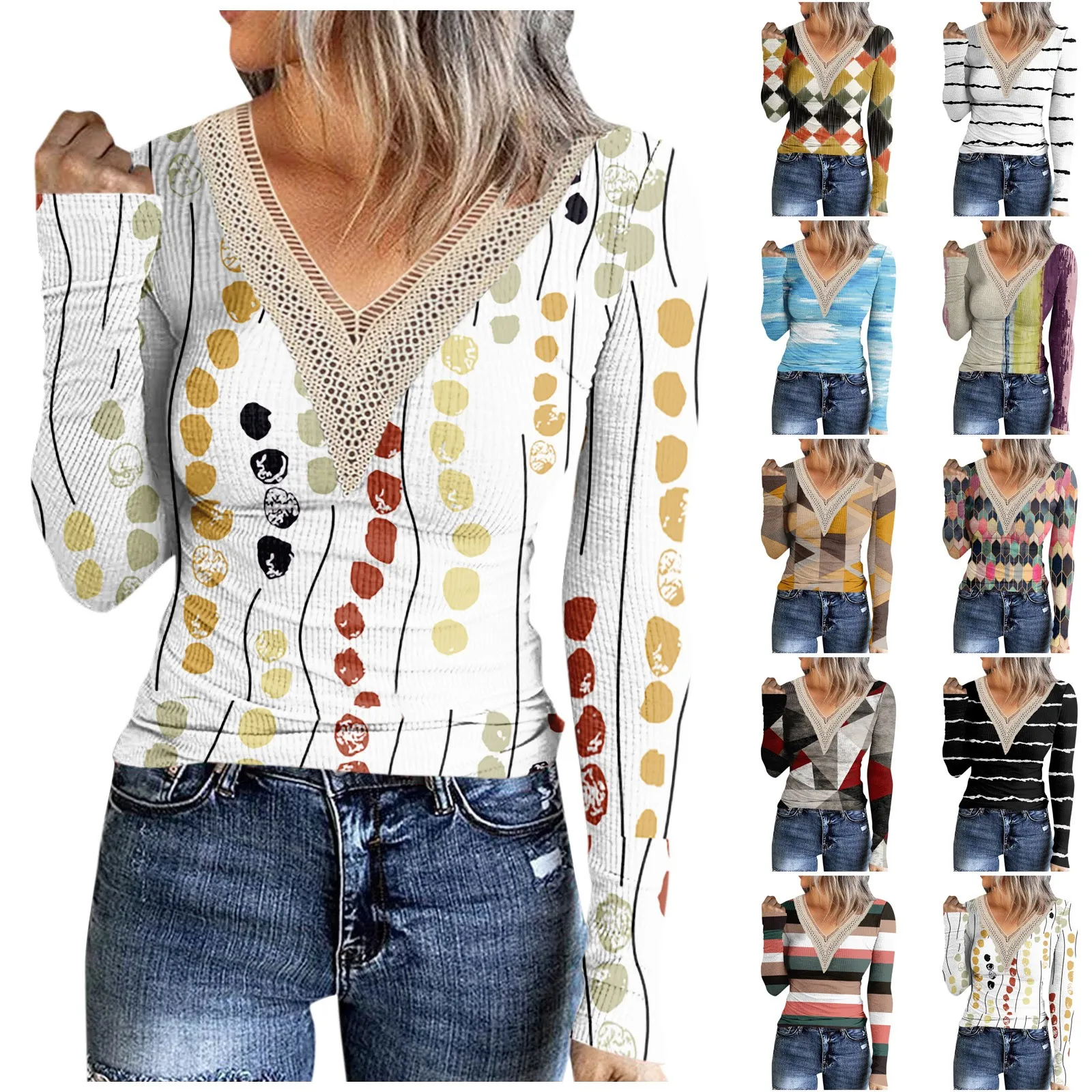 

Elegant Ladies Casual Printed T-Shirt 2023 New Fashion V-Neck Lace Splicing Long Sleeve Top Ropa De Mujer Envios Gratis Ofertas