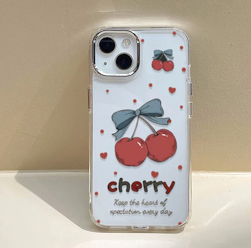 Elegant Cherry Lichee Flower Phone Case with Bow Design - Cute Plating Metal Lens, Clear and Soft