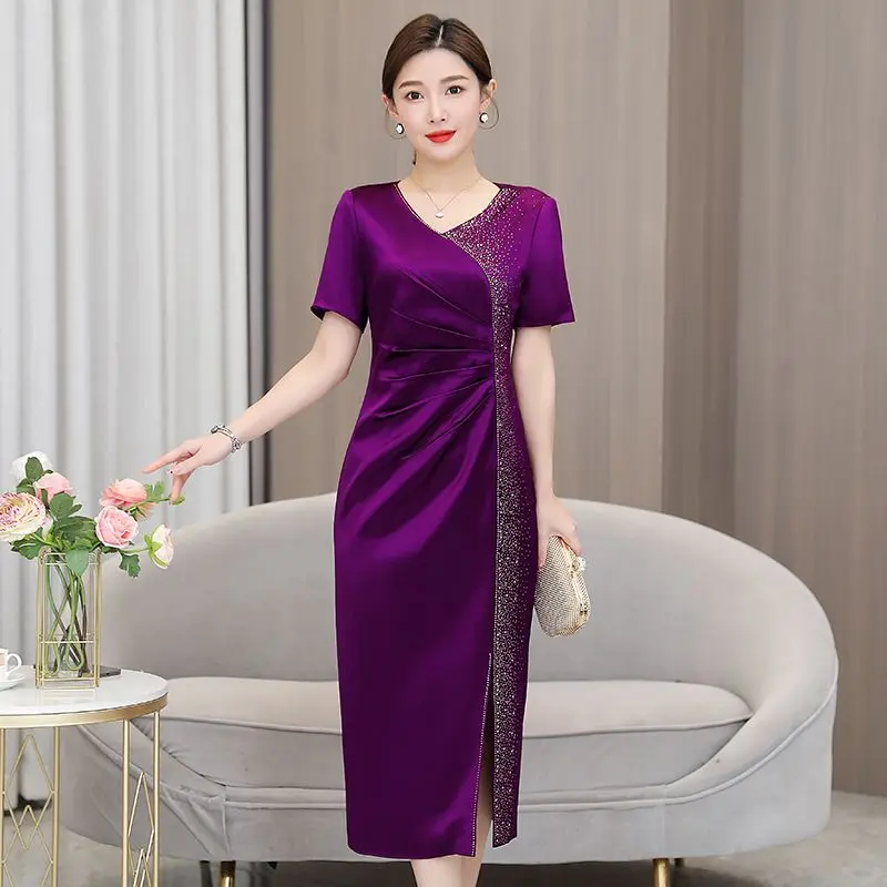 

Yourqipao Chinese Mother Of The Bride Purple Cheongsam Evening Dresses Women Wedding Party Guest Dress Middle Length Prom Gowns