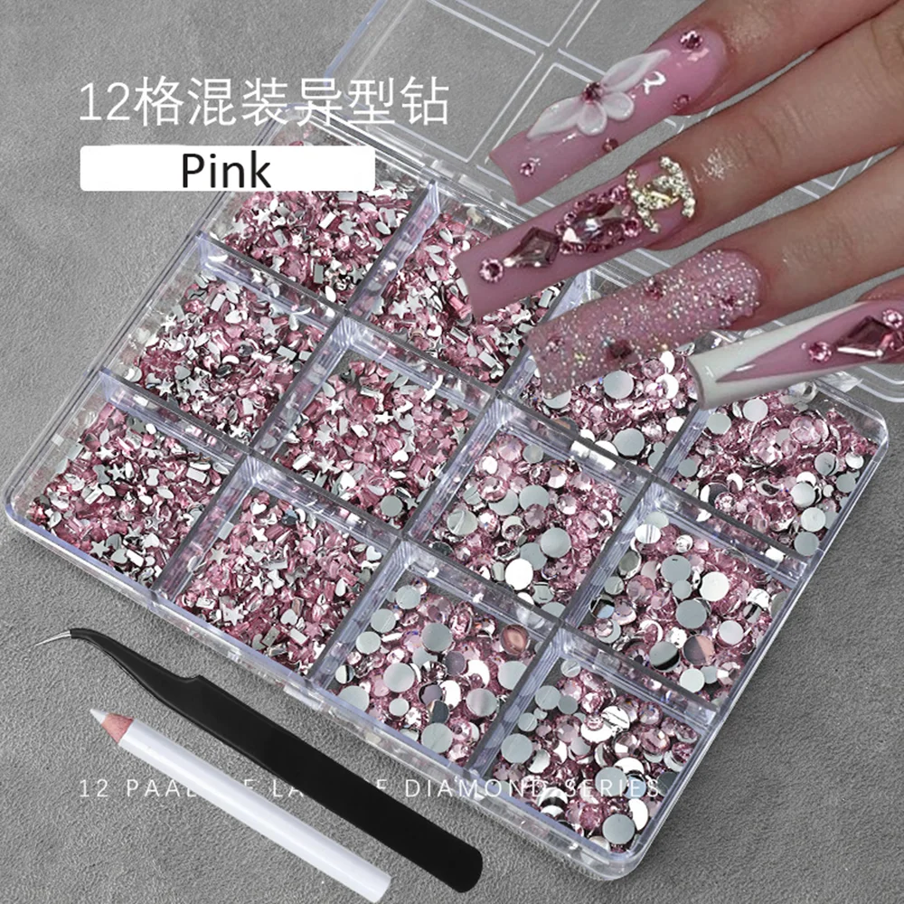 12칸 3D 베이비 블루 다양한 모양 네일아트 라인스톤 플랫백 레진 다이아몬드 고급 네일 참 DIY 네일 팁 데코레이션용