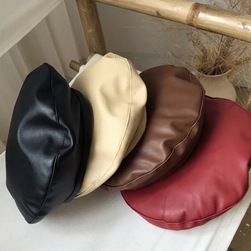 Winter hats Women berets Vintage hats Vintage PU Leather Beret Hat Women Autumn Winter Warm Octagonal Cap Elegant Solid Color Female Lady Painters Caps