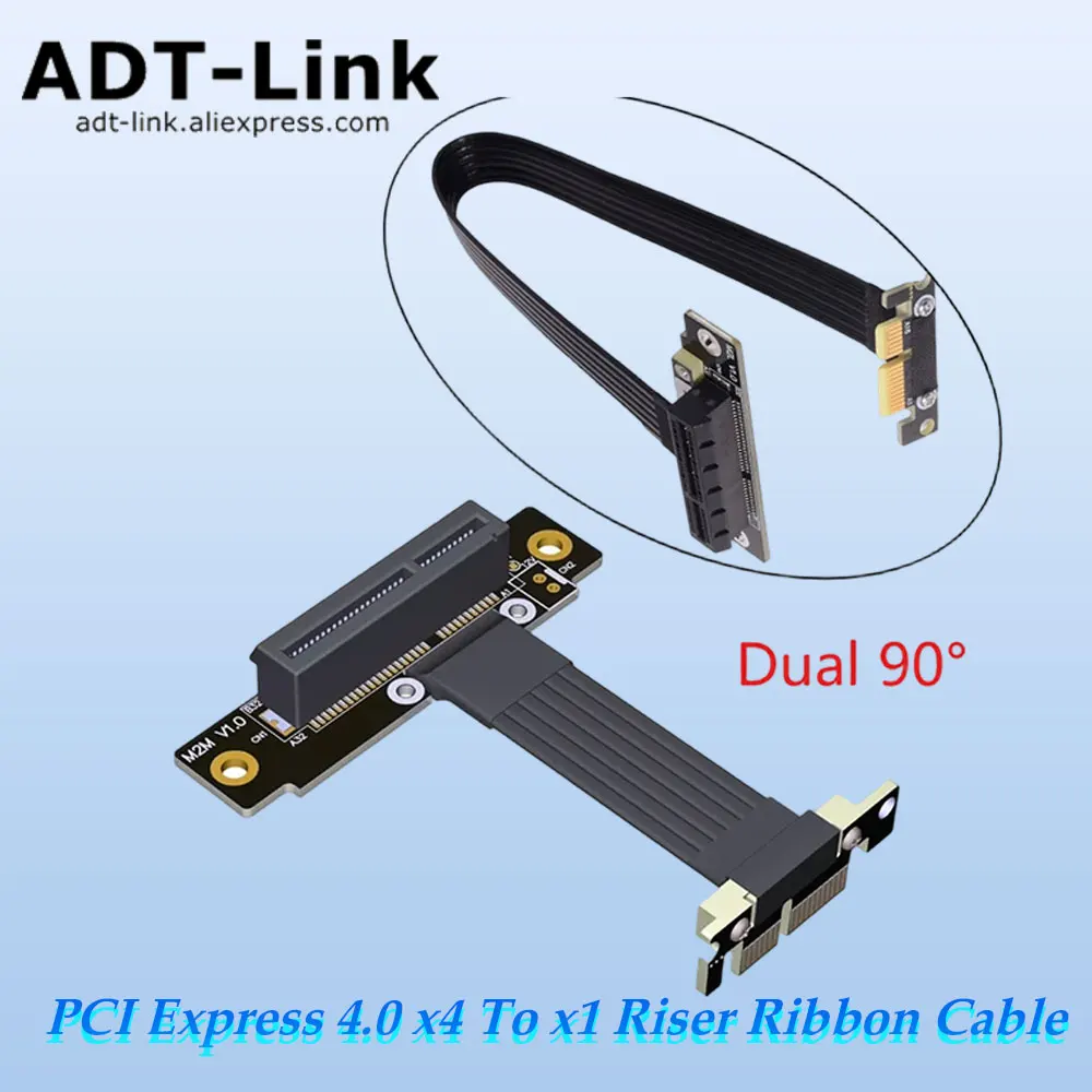 ADT PCI 익스프레스 4.0 x4 to x1 라이저 리본 케이블 그래픽 카드 PCI-E 1x to 4x 연장 케이블 듀얼 90도 라이저 익스텐더