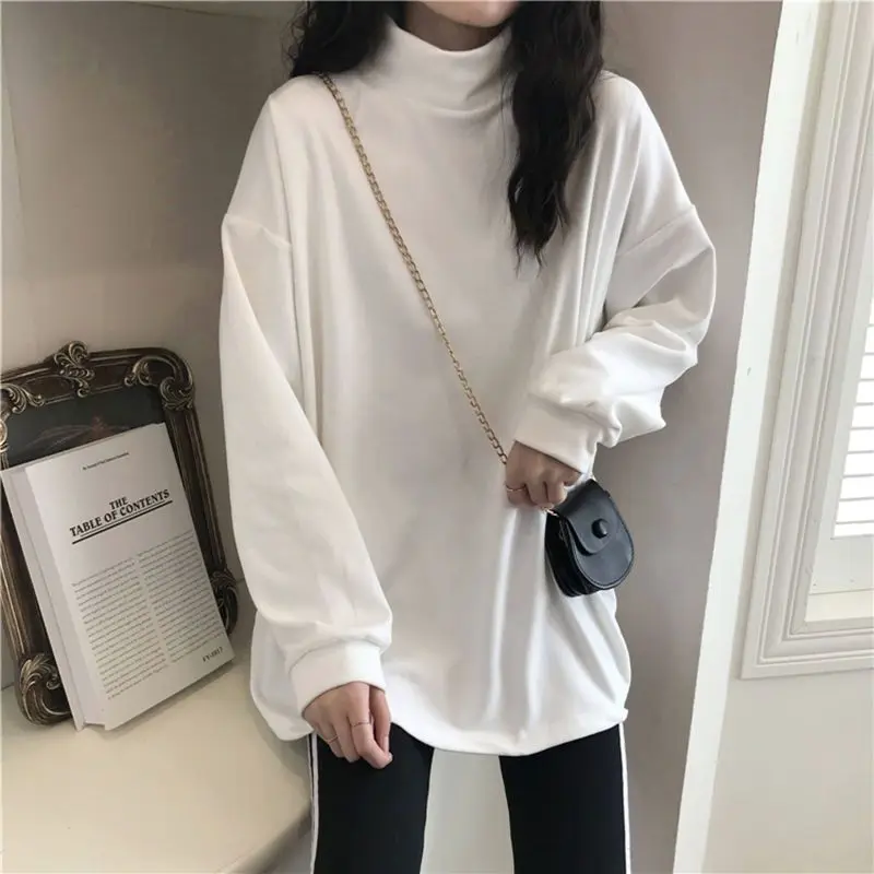 Women's Autumn Winter Fashionable Elegant High Neck Pullover Long Sleeved Solid Color Bottom Shirt Casual Versatile Youth Tops