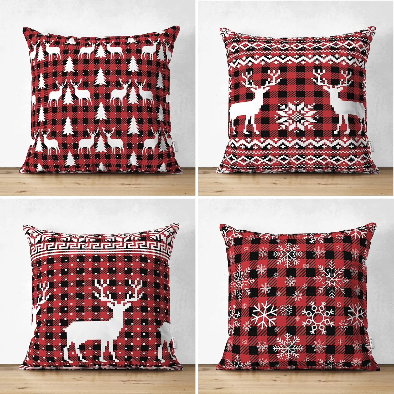 

RealHomes 4'lü Double-Sided Christmas Special Design Plaid Zeminli Deer and Snowflake Kombin Süet Pillow decorate Case 3D Printed Tissue