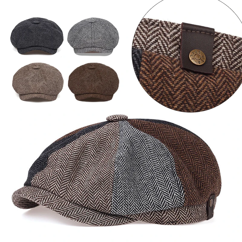 Newsboy Cap Flat Top Herringbone Tweed Wool Baker Boy Peaky Blinders Berets Flat Peaked Cap Adjustable Taxi Driver Hat – Detail 3