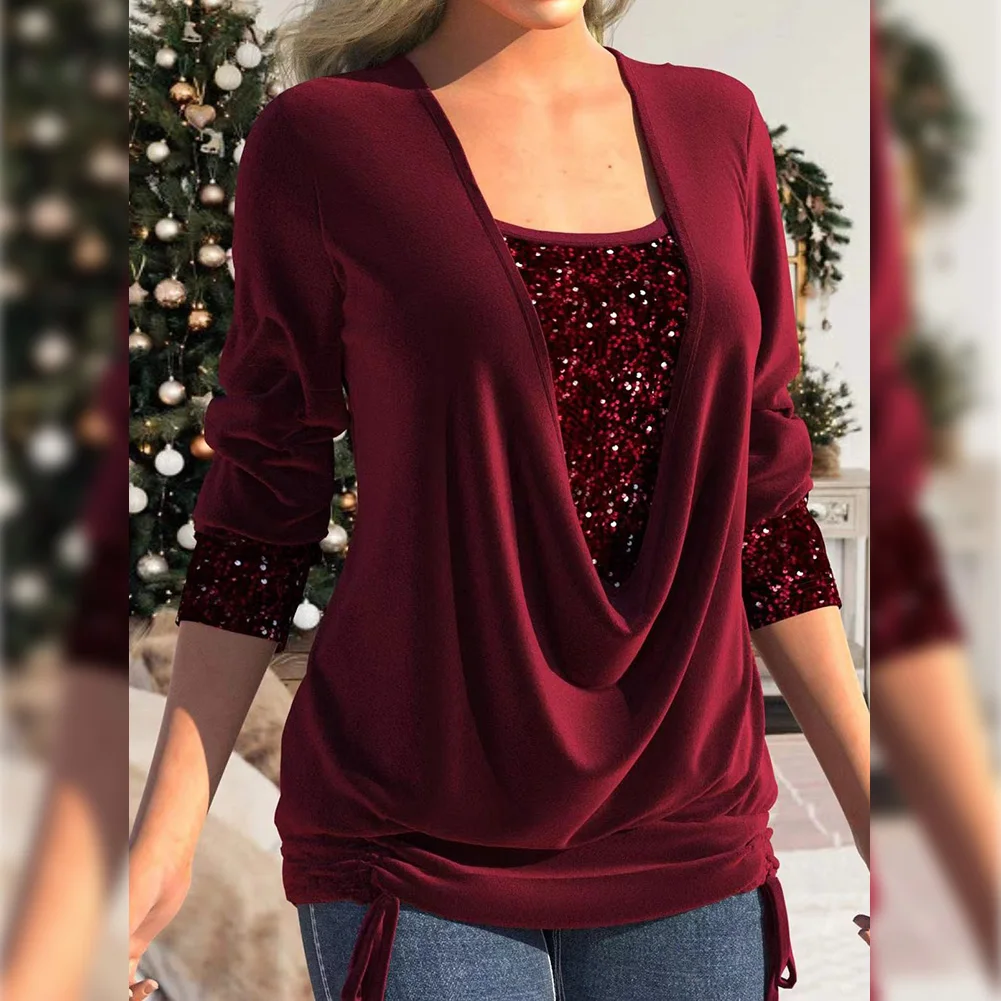 

Женская блестящая блузка с круглым вырезом, длинным рукавом