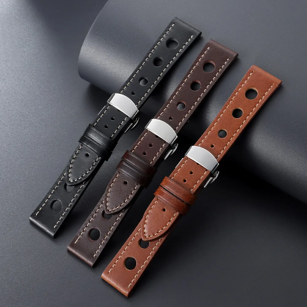 Vintage Brown and Black Oil Wax Cowhide Leather Watch Straps with Butterfly Buckle and Breathable Design