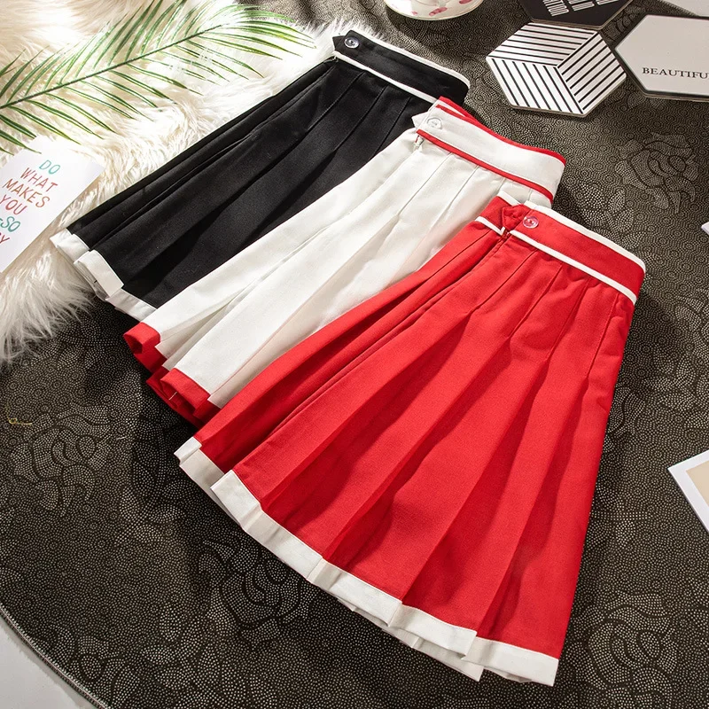 Pleated Skirt 2024 Summer Red Girl Eam Y2k Korean College Style A-Line High-waisted Black Mini Short Skirts for Women Clothes 2024 early spring new women s fashionable and elegant lace spliced pleated fake two piece set with waist wrapped and slim round