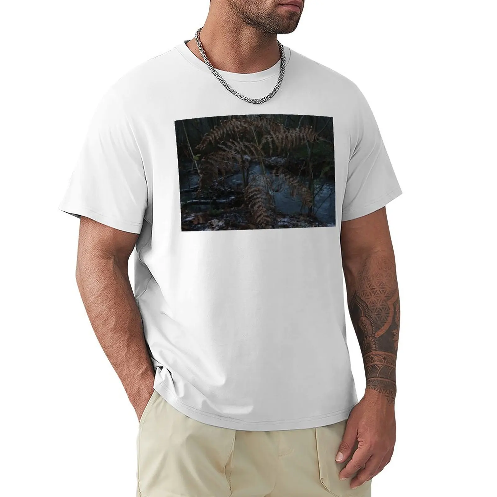 

Winter in a forest, brown-colored ferns above the river T-Shirt tops sports fans kawaii clothes plain t shirts men