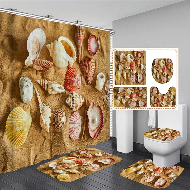 

Print Shell Starfish Shower Curtains Ocean Beach New Bath Mat Set Waterproof Bath Curtain Polyester Anti-slip Carpet Toilet Rugs