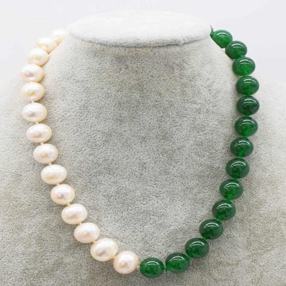 

Hand knotted necklace natural 11-12mm white freshwater pearl nearly round pearl and green jade sweater chain 18inch