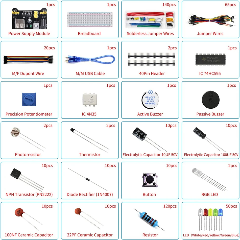 Kit de Componentes Eletrônicos para Arduino R3, Project Starter, Kit DIY Eletrônico, Breadboard com Caixa, 830 Tie-points