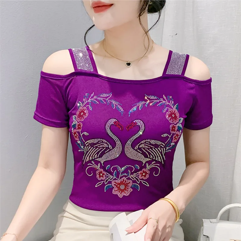 Luxurious Shiny Heart Diamond Off-Shoulder Mesh Tee - Summer Streetwear Elegance