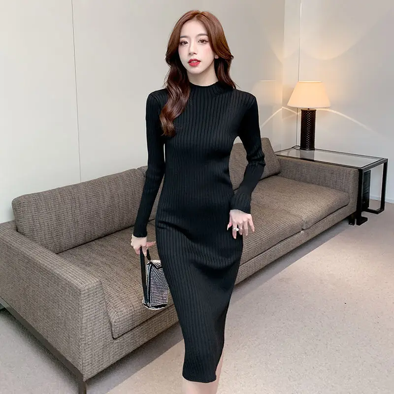 

Clothes Prom Knitted Knee Length Party Woman Dress Cover Up Turtleneck Dresses for Women Solid Sexy Daring Crochet Midi Bodycon