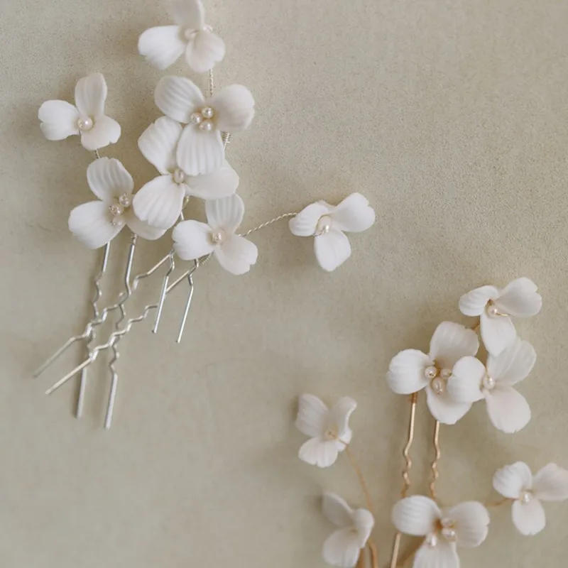 

Ins Ceramic Floral Hair Pins Bridal Clips Gold Silver Color Handmade Wedding Jewelry Women Headpiece
