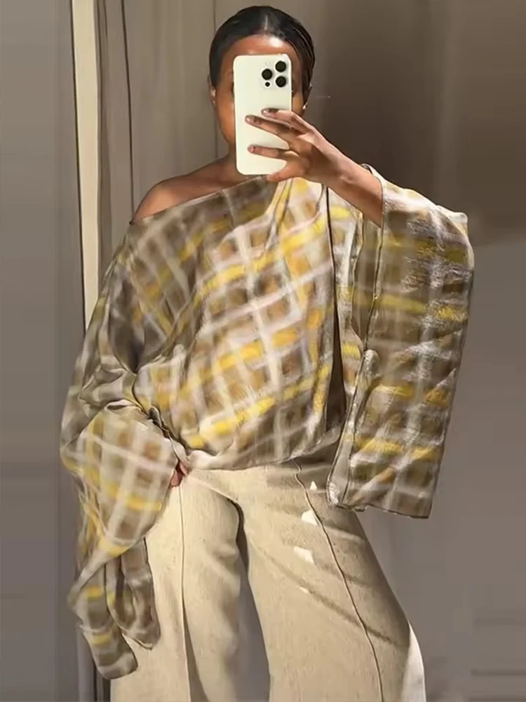 Chic Fashion Plaid Midi Skirts Two Piece Sets For Women 2025 New Scarf Collar Cape Tops Women's Suits Elegant Woman Outfits ﻿