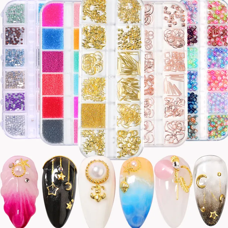 

LEAMX 12 Compartment Hollow Metal Rivet Color Pearl Flat Bottom Diamond Bar Box Mixed Cross Nail Art Deco Art Accessories