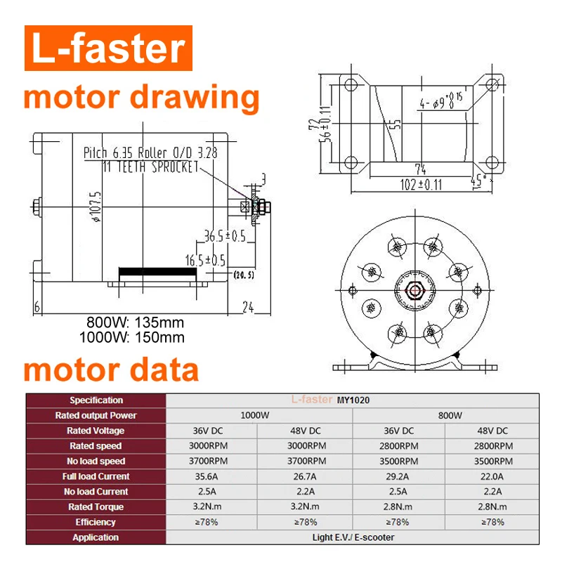 Electric Brush Motor 36V48V 800W 1000W High Speed UNITEMOTOR MY1020 Engine T8F 25H Sprocket For DIY Electrical Gokart Dune Buggy
