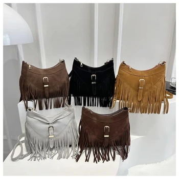 Borsa a Tracolla Boho con Frange per Donne, Borsa Vintage con Nappine, Borsa Hobo in Pelle Scamosciata, Borsa da Cowgirl in Stile Western, Borsa Retrò Y2K