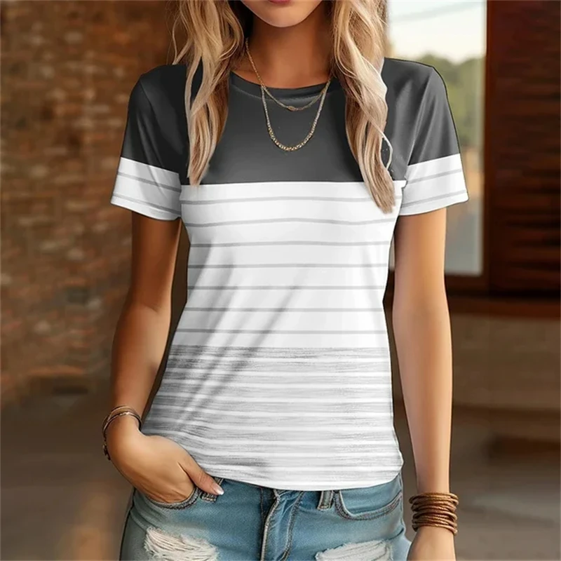 

Harajuku Stripe Print T Shirt For Women Casual O-neck Short Sleeve y2k Tops Geometry Pattern Oversized Tshirts Female Clothing